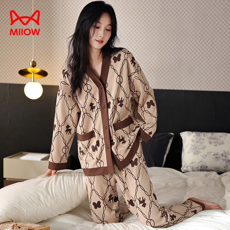猫人2025春秋季新款睡衣女纯棉长袖长裤休闲大码可外穿家居服套装