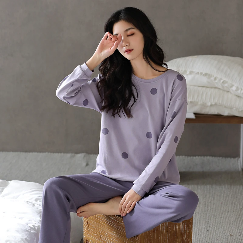 猫人大码睡衣女纯棉春秋季长袖圆领波点紫色高颜值简约家居服套装