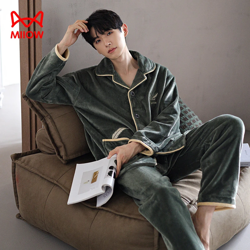猫人经典睡衣男秋冬季加厚法兰绒套装珊瑚绒家居服开衫保暖简约风