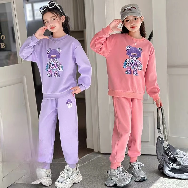 女童秋冬款可爱小熊印花卡通套装2024新款洋气时尚冬季潮流两件套