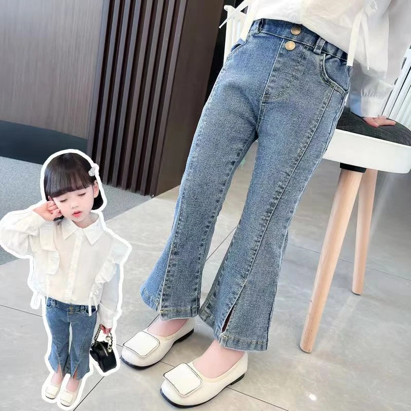 女童时尚牛仔裤秋装外穿2024新款女宝宝喇叭裤春秋儿童开叉裤子潮