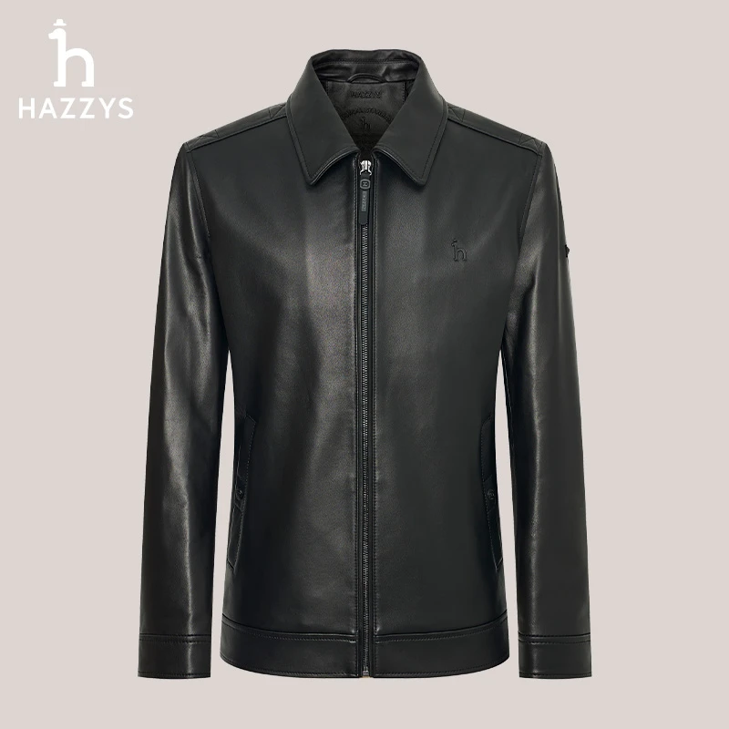 Hazzys哈吉斯男士秋冬翻领硬挺时尚皮衣气质轻奢短款帅气长袖外套