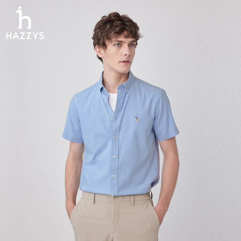 Hazzys哈吉斯夏季男士短袖衬衫经典商务休闲简约潮流纯色舒适衬衣