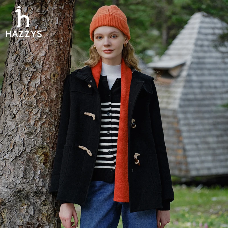 【PHIZ】Hazzys哈吉斯修身毛呢外套秋冬轻职场连帽牛角扣外套休闲女