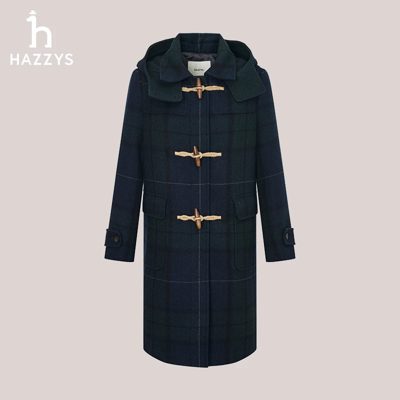 Hazzys哈吉斯秋冬女士时尚格子中长款连帽毛呢大衣拼色格纹气质