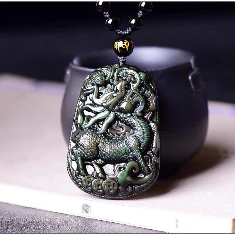 天然黑曜石麒麟吊坠秋冬男女款项链挂件正品支持鉴定男士复古精雕