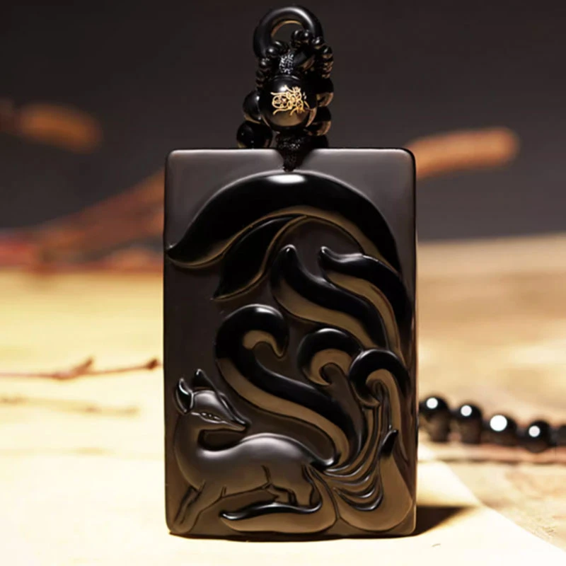 黑曜石九尾狐吊坠黑狐小狐狸项链挂件男女士情侣首饰挂坠秋冬女款