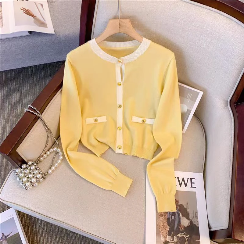 老钱风名媛气质黄色针织开衫女春季法式小众毛衣外套薄款