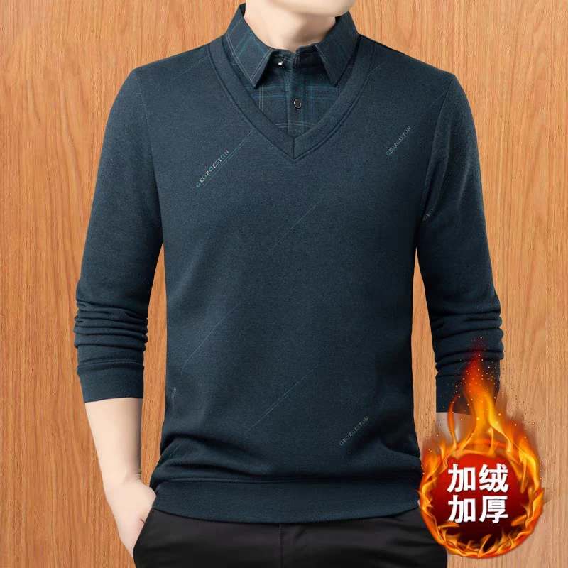 梦燕秋冬男士长袖翻领针织衫加绒加厚保暖假两件T恤ZA64B4009D