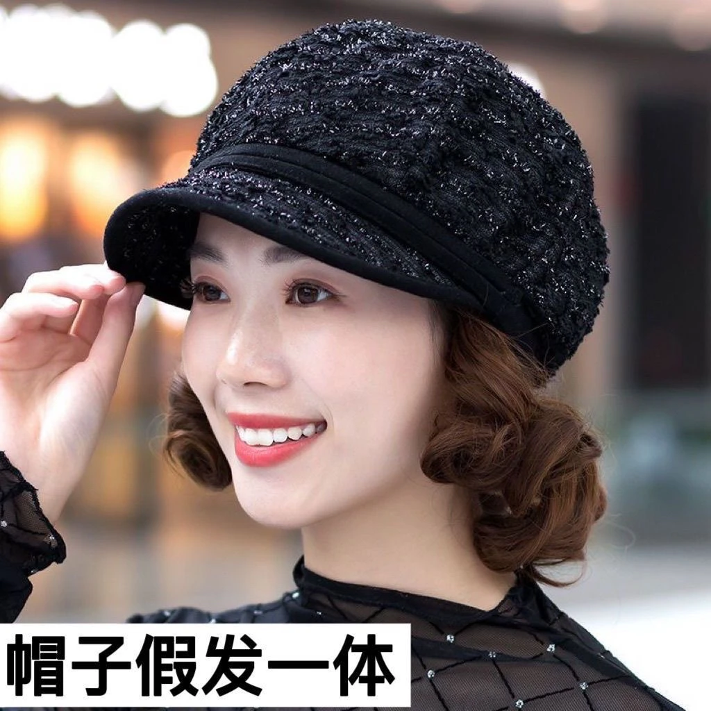 中老年帽子假发一体女短卷发假发逼真自然帽子带头发秋冬帽子发套