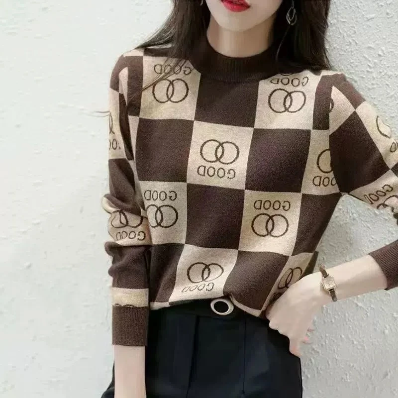 拼色圆领字母半高领毛衣2024冬装新款女针织衫