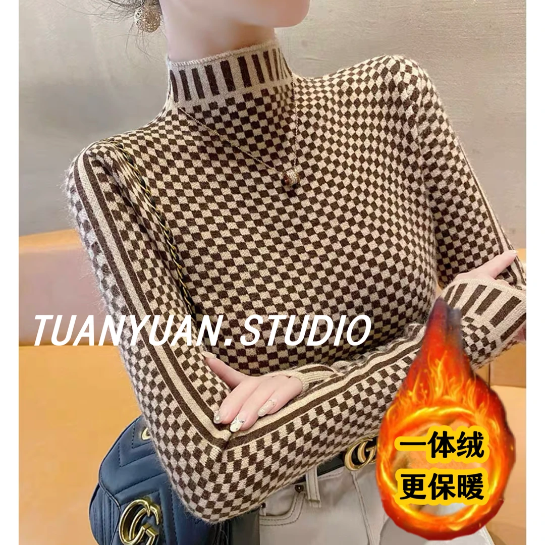 【一体绒】加厚格子打底衫毛衣女冬毛衣2024新款半高领内搭上衣保暖