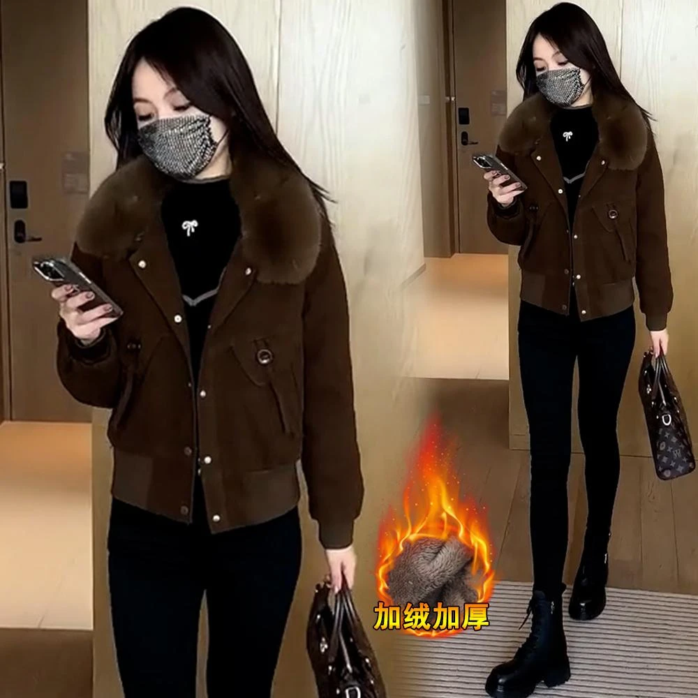 加绒加厚牛仔短款外套女2024秋冬新款洋气小个子毛领保暖棉衣棉服