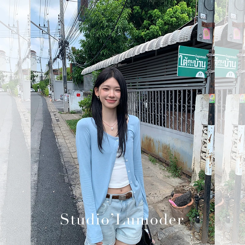 ED.lumoder【福福】港风温柔浅蓝长袖薄款修身毛线针织衫#D4C1023