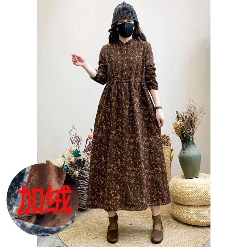 冬季连衣裙花边立领加绒加厚亲肤舒适锁温保暖连衣裙长袖复古上衣