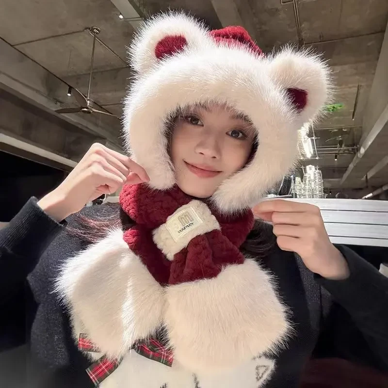 小熊耳朵女款2024新款可爱毛绒帽子秋冬季百搭时尚围脖围巾一体帽