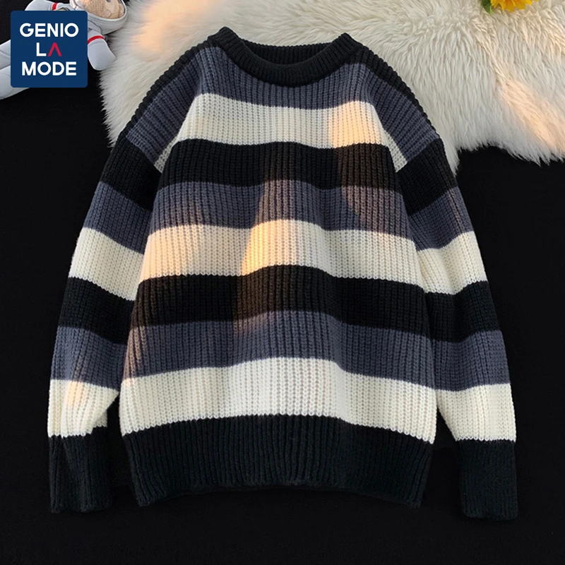 森馬集团GENIOLAMOE美式拼色毛衣男冬季宽松外穿圆领毛线衣针织衫