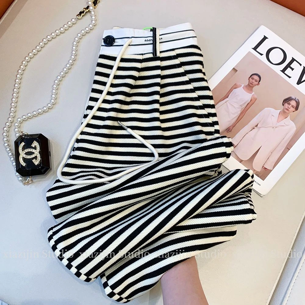 黑白条纹时尚阔腿裤女休闲裤子2025秋冬季百搭宽松高腰垂感拖地裤
