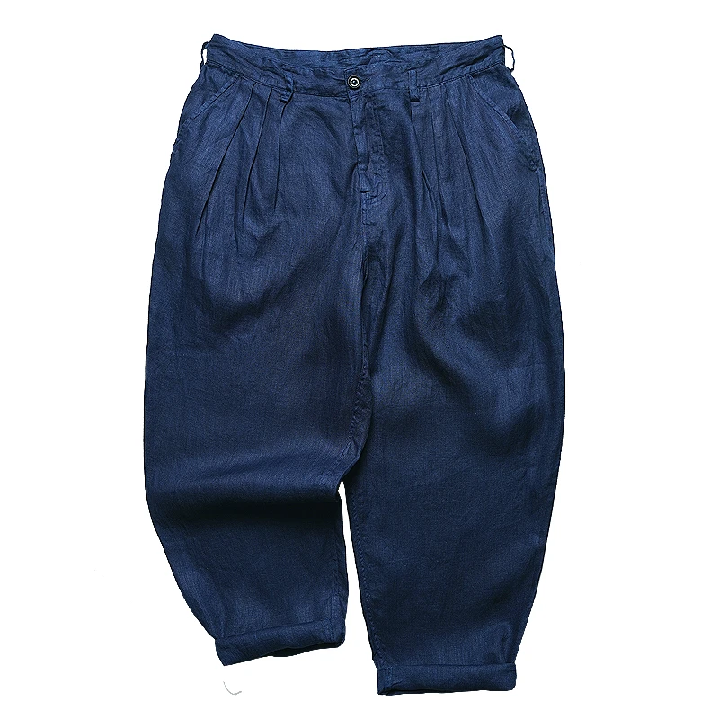 肖叔原创复古 古法手工蓝染 廓形人字纹亚麻锥形休闲直筒长裤男