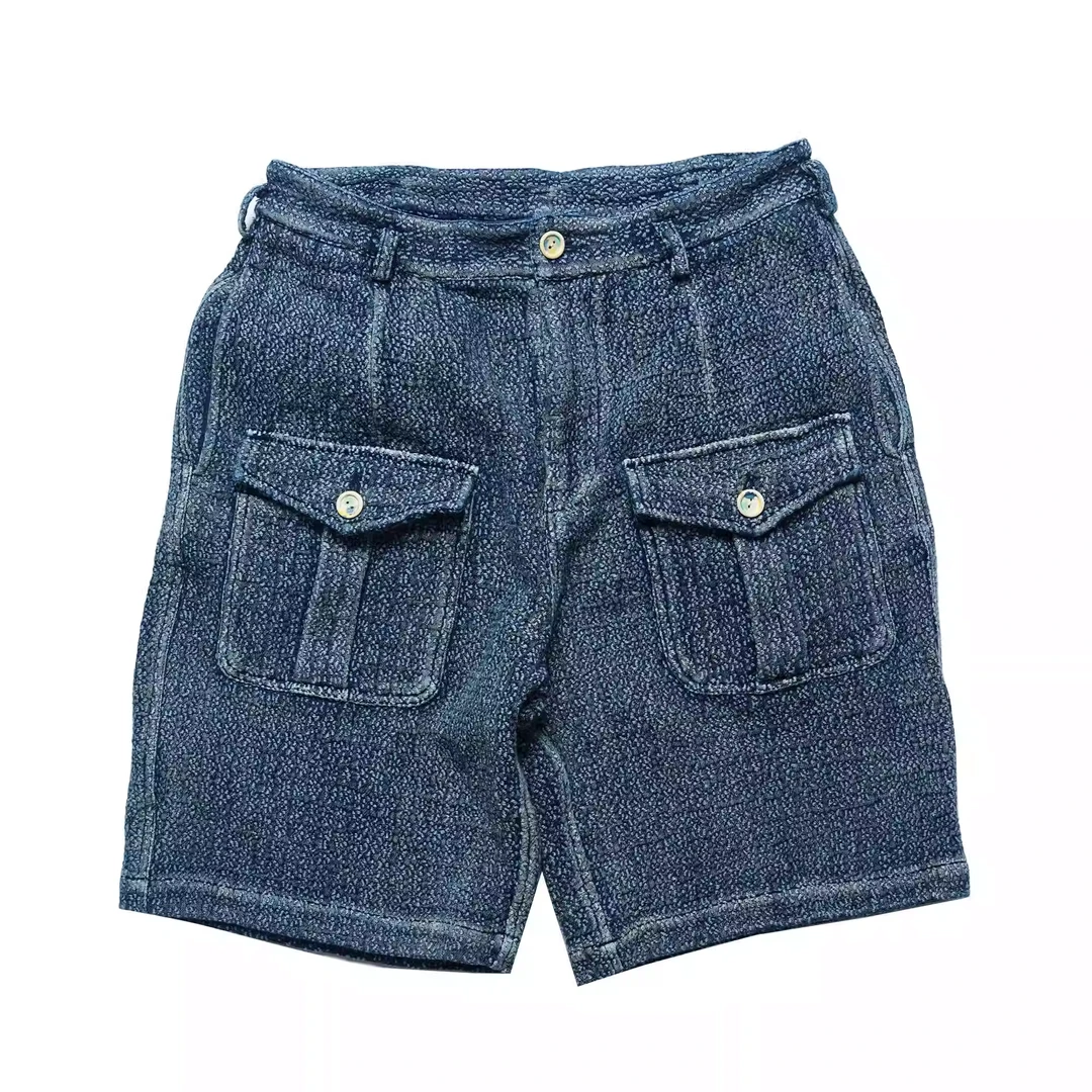 肖叔原创sashiko日式樱花刺子重度旧化双口袋中裤复古vintage短裤