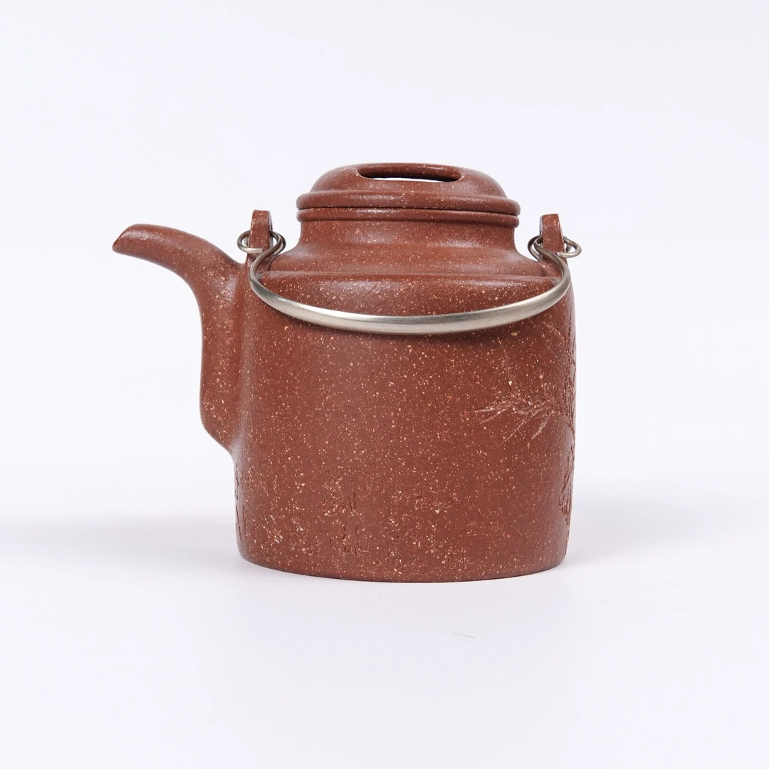 【陶公粟】陈鹏欢原矿红朱段泥《洋桶》刻绘竹630cc手制紫砂壶