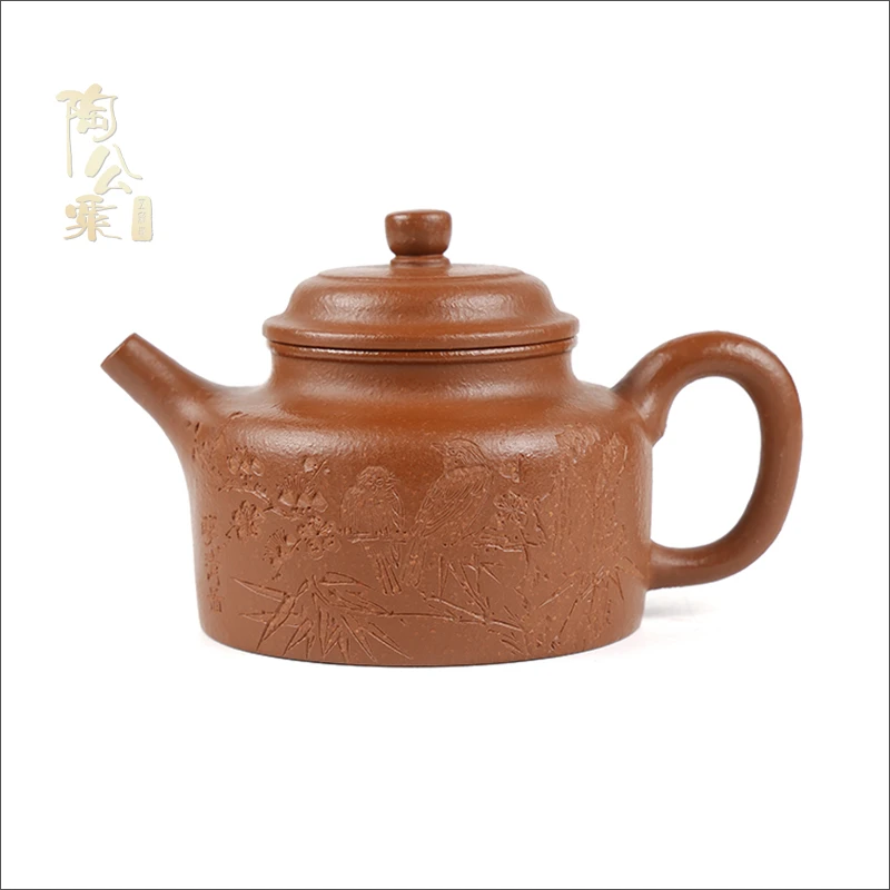 陶公粟原矿刻绘粗砂小煤窑朱泥《德钟》内推手制160cc小容量紫砂壶