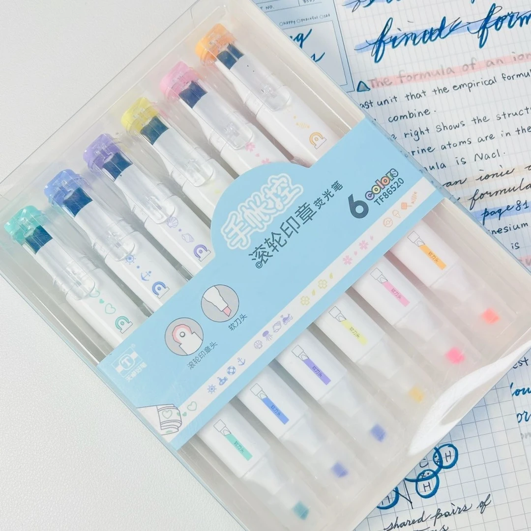天卓软头滚轮荧光笔ins复学生重点标记笔套装可爱新款荧光笔