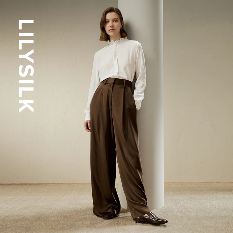 莉莉秀客LILYSILK重缎宽松100%桑蚕丝长裤女士阔腿裤休闲裤秋冬