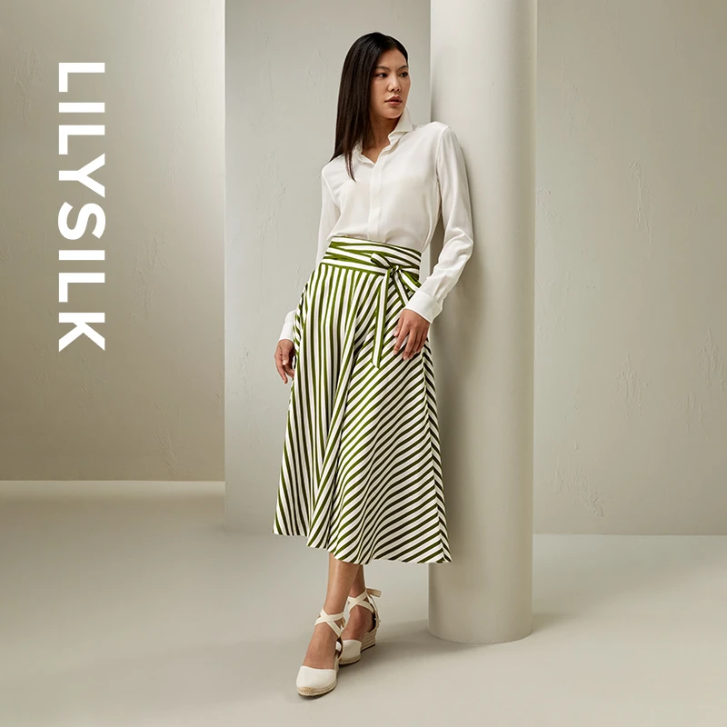 莉莉秀客6A级桑蚕丝 24夏季新款绑带条纹真丝伞裙A字大摆半身裙