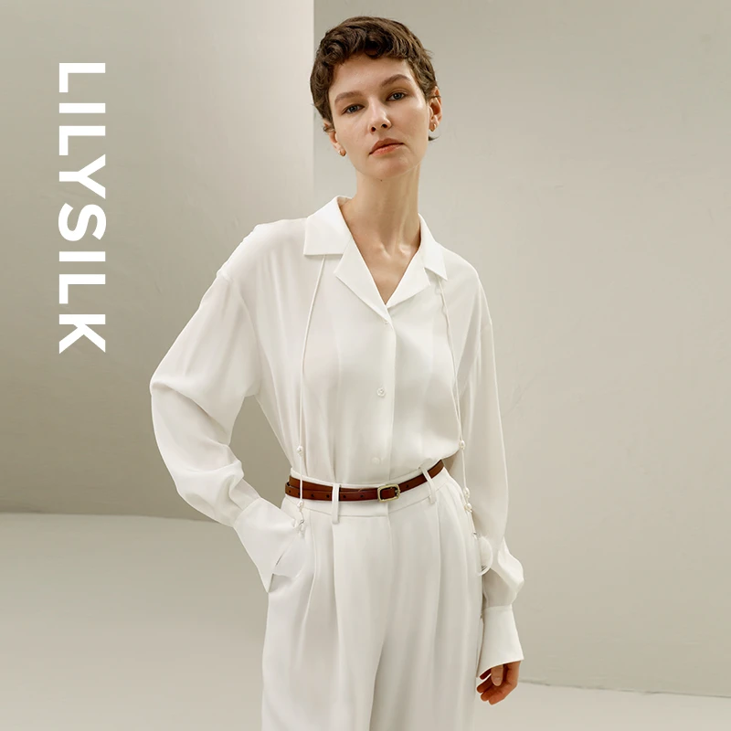 莉莉秀客LILYSILK珍珠羽毛宽松版型100%桑蚕丝衬衫V领优雅衬衣女