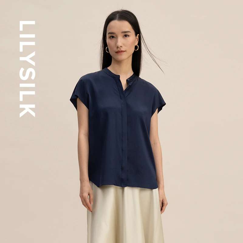 莉莉秀客22姆米6A桑蚕丝简约小立领衬衫暗门襟微落肩宽松舒适干练