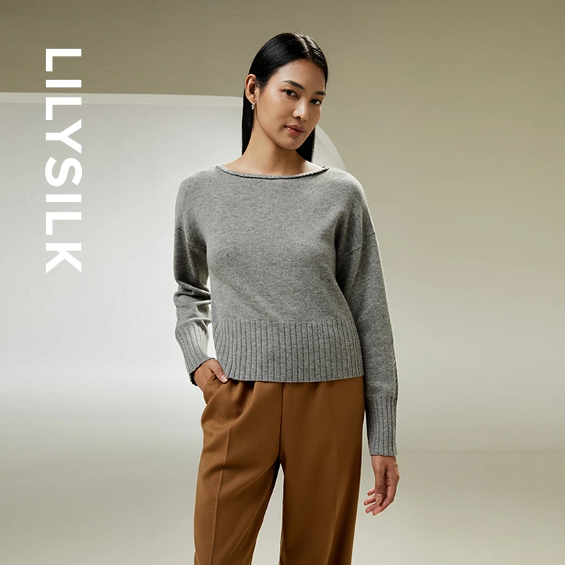 莉莉秀客LILYSILK浅灰色羊毛羊绒混纺针织衫大圆领修身款内搭毛衣