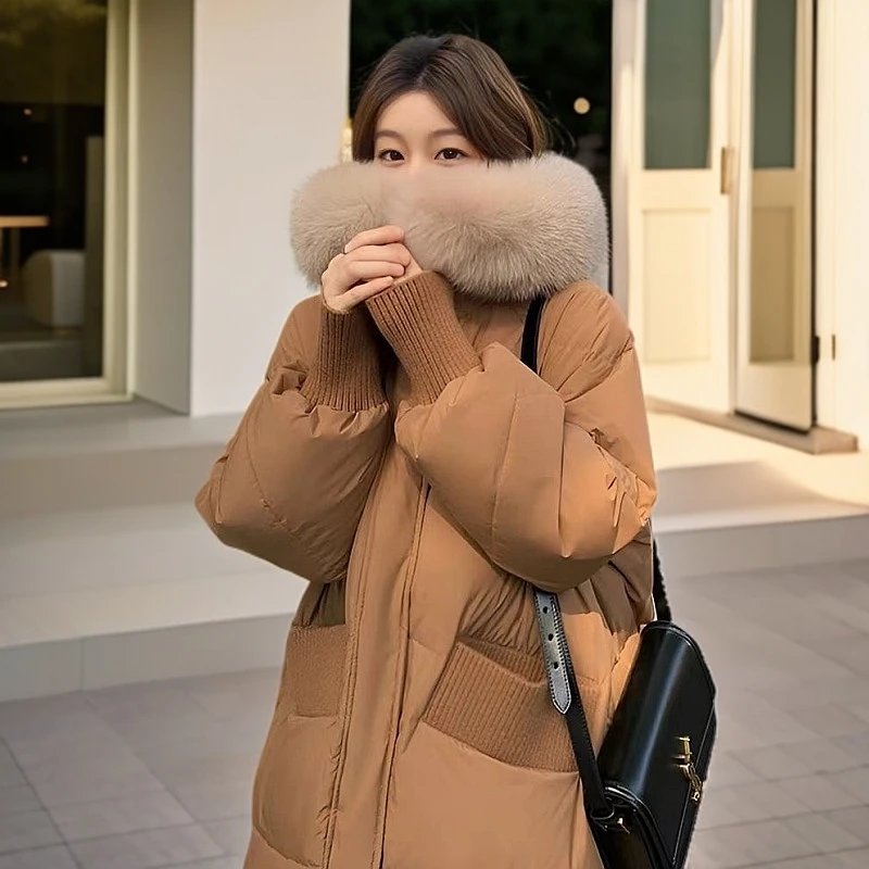 2025新款韩版女士冬季大毛领中长款加厚棉服宽松保暖时尚百搭棉衣