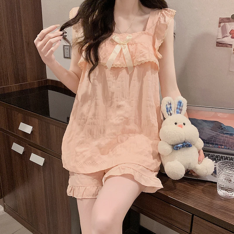 公主风睡衣女夏季带胸垫吊带短裤甜美花边粉色宽松睡衣家居服套装