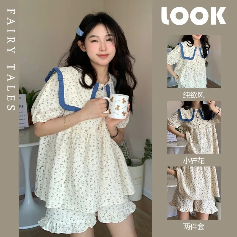 【BL】法式碎花睡衣女网红风夏新款高级少女海军领短袖短裤家居服