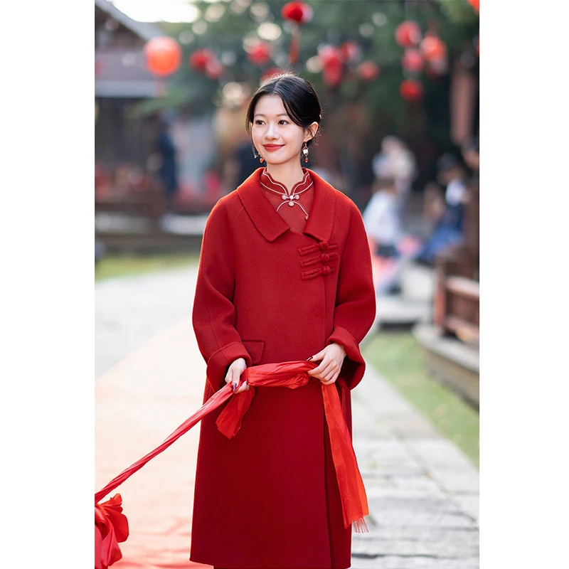 秋冬喜庆双面呢大衣红色大衣羊毛新娘结婚小个子翻领大衣