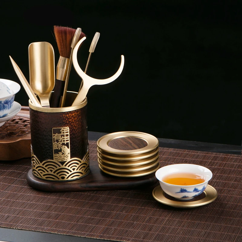 茶道六君子套装黄铜原木功夫茶具配件大全茶夹茶杯垫笔筒年年有鱼