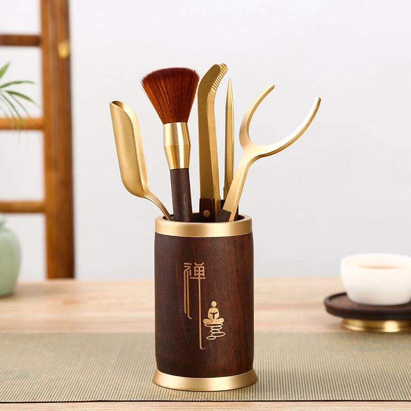 纯黄铜功夫茶具配件套装茶勺养壶笔茶道6六君子泡茶工具用品