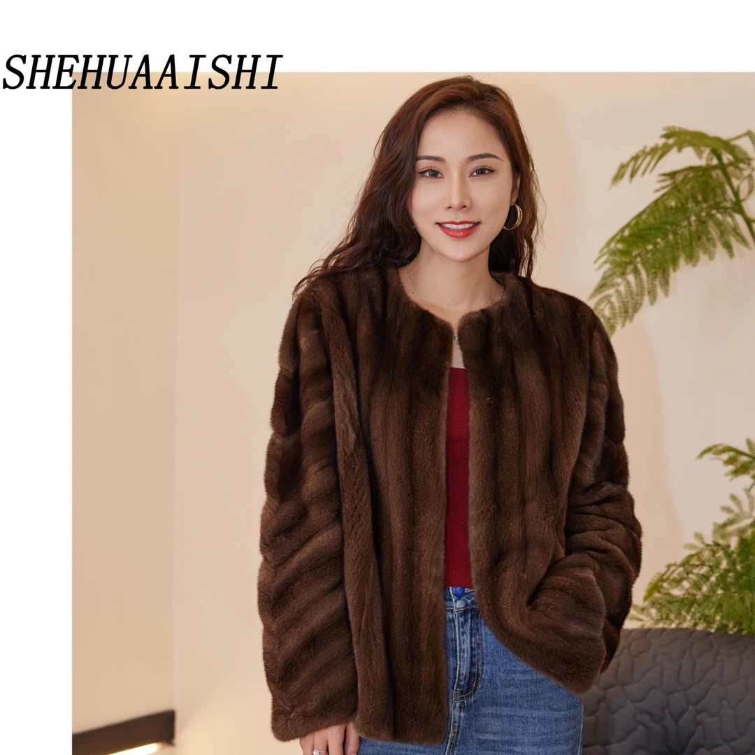 【施施】进口水貂全抽刀貂皮大衣女整貂圆领水貂毛皮草外套