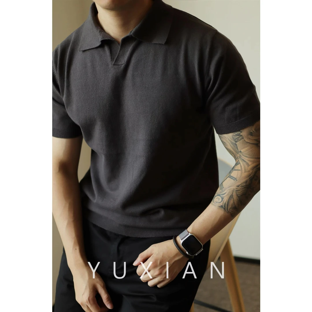 YUXIAN余闲纯色V领针织POLO衫美式复古马球翻领T恤短袖棉男士
