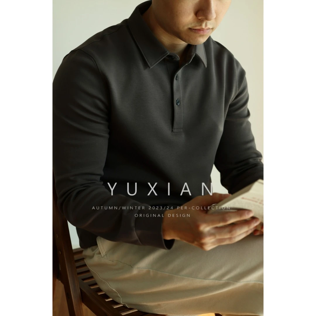 YUXIAN高端空气层棉长袖POLO衫重磅T恤翻领男士纯色商务四季秋冬