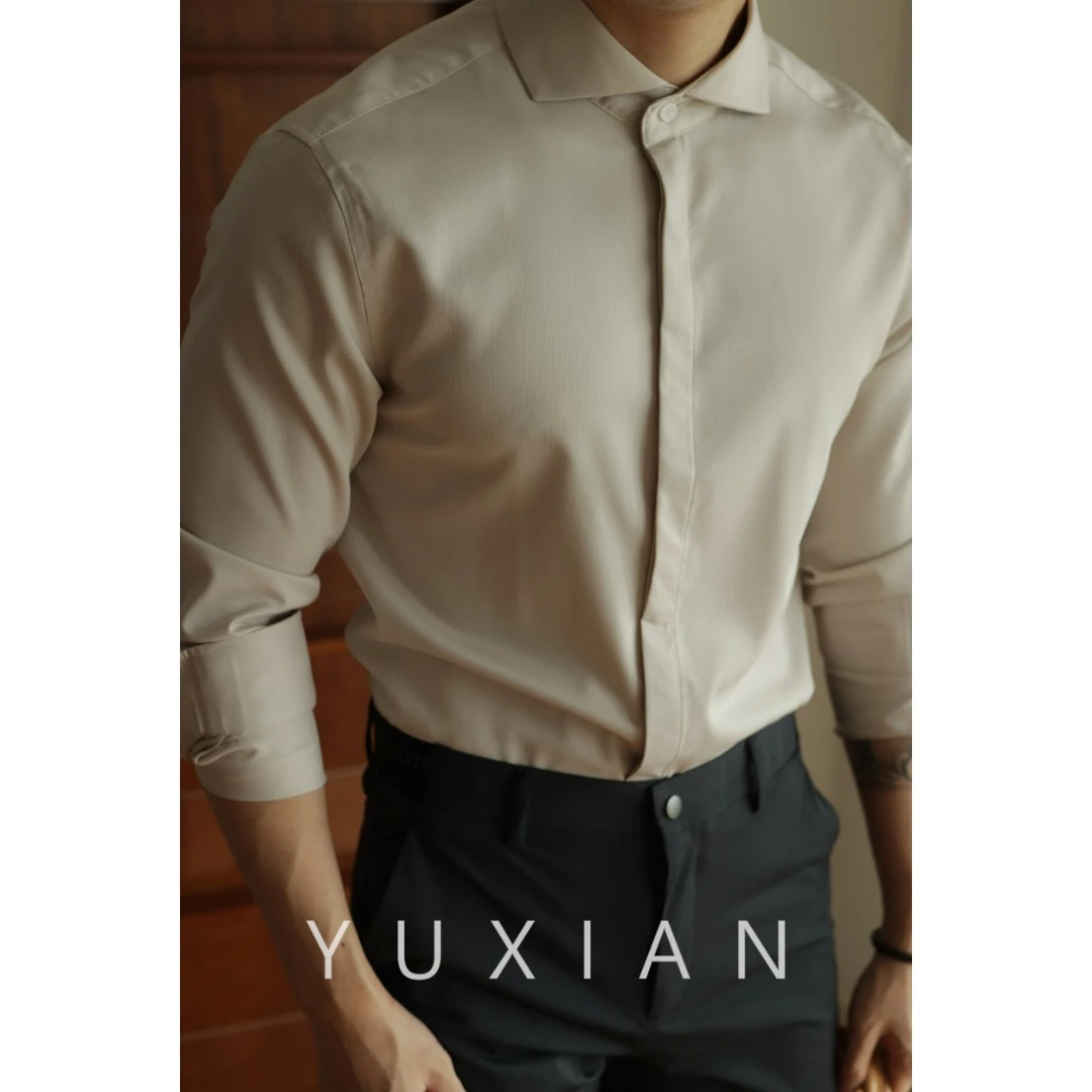 YUXIAN竹纤维温莎领抗皱免烫男士长袖衬衫暗门襟纯色弹力休闲商务