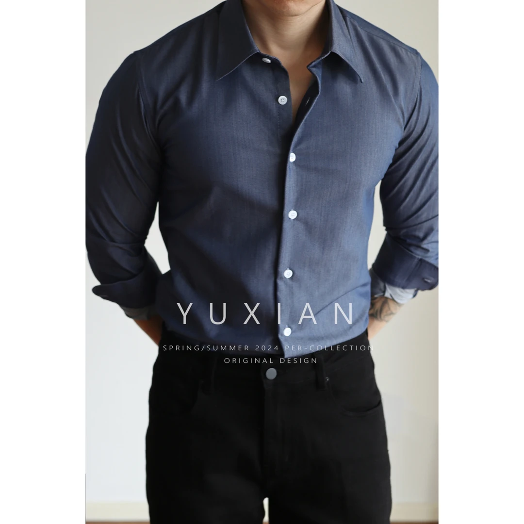 YUXIAN抗皱易打理斜纹棉混纺牛仔色休闲商务翻领长袖衬衫男士
