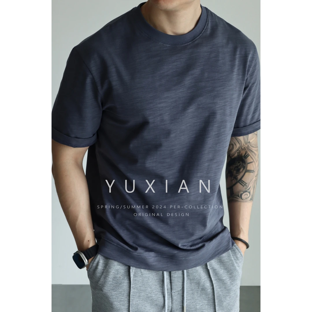 YUXIAN日系竹节棉抗菌透气纯棉宽松短袖圆领T恤精梳棉休闲春夏季