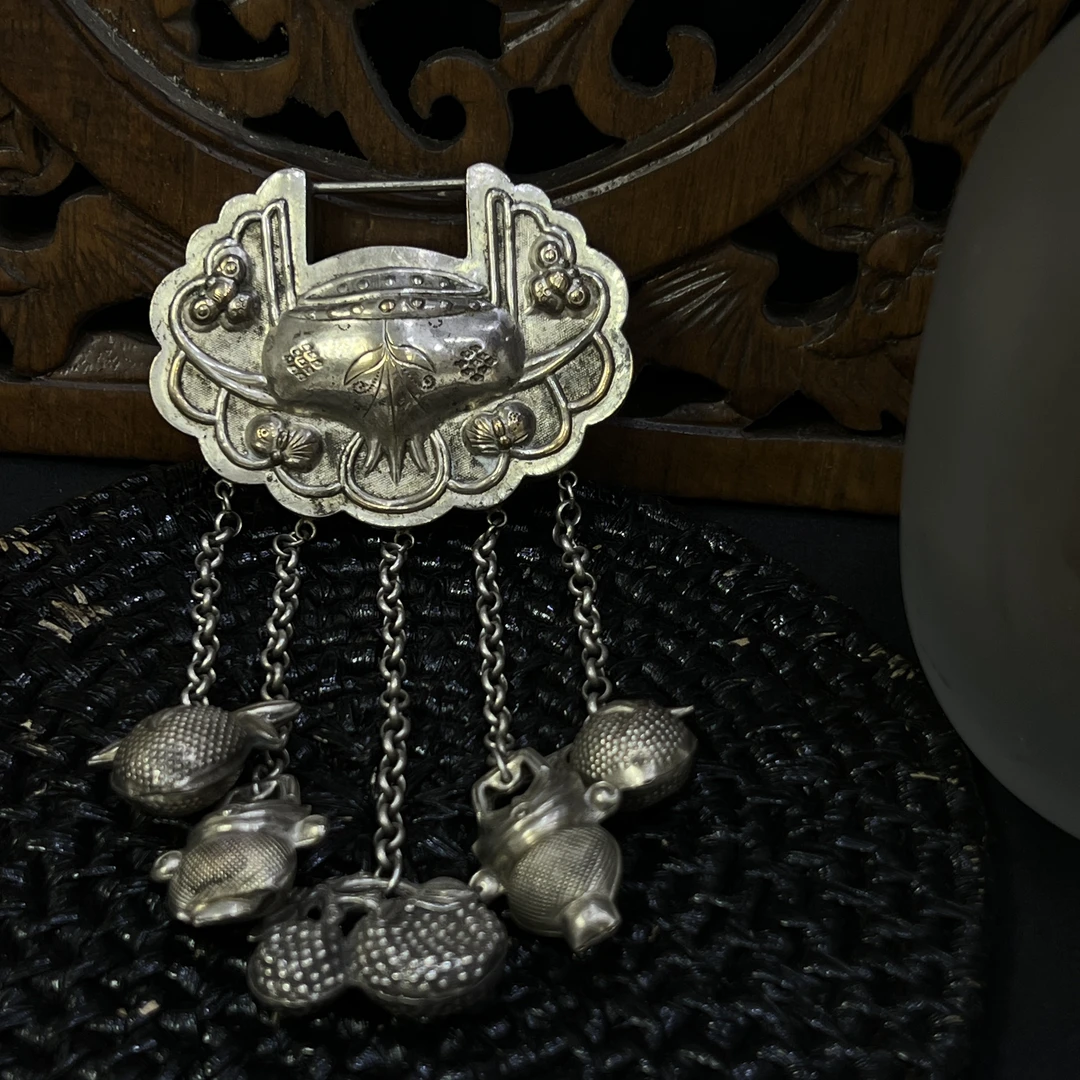 吊坠800银 银平安锁手工錾刻鼎纹长流苏复古项链毛衣链纯手工素款