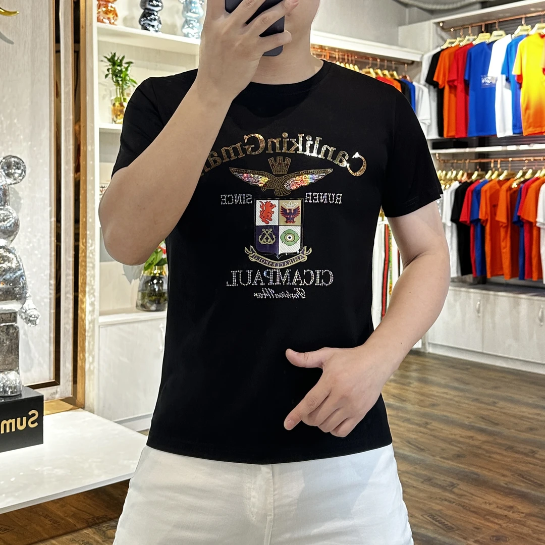 夏季男士丝光棉轻奢透气冰感短袖时尚帅气潮牌T恤网红修身打底衫