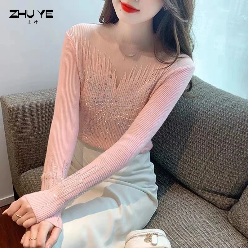 UMI洋气高级感蕾丝镂空长袖毛衣针织衫烫钻打底衫短袖性感网纱女