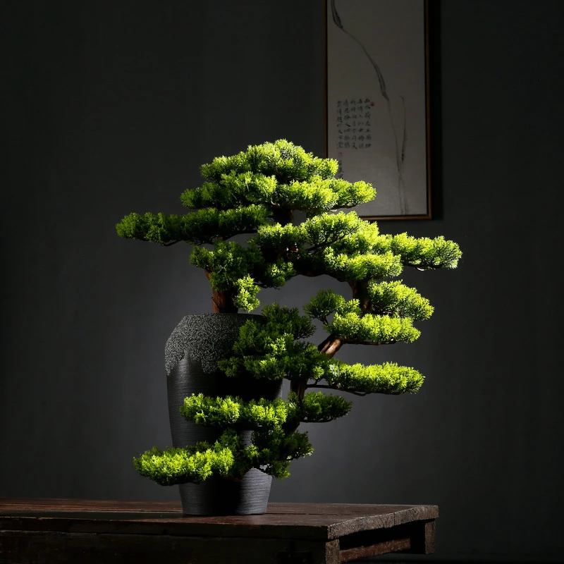 室内仿真迎客松盆景新中式假绿植玄关装饰品罗汉松办公室摆件客厅