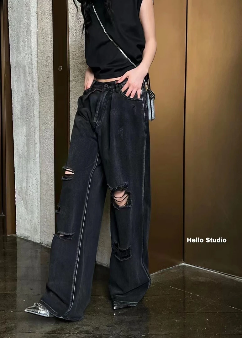 莉米欧娅夏季新款磨洞大直筒牛仔裤女高腰裤顺丰清货价