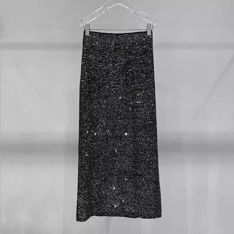 艾诺丝柜柜同款2024冬季新款直筒裙高腰亮片包臀半身裙女41213576